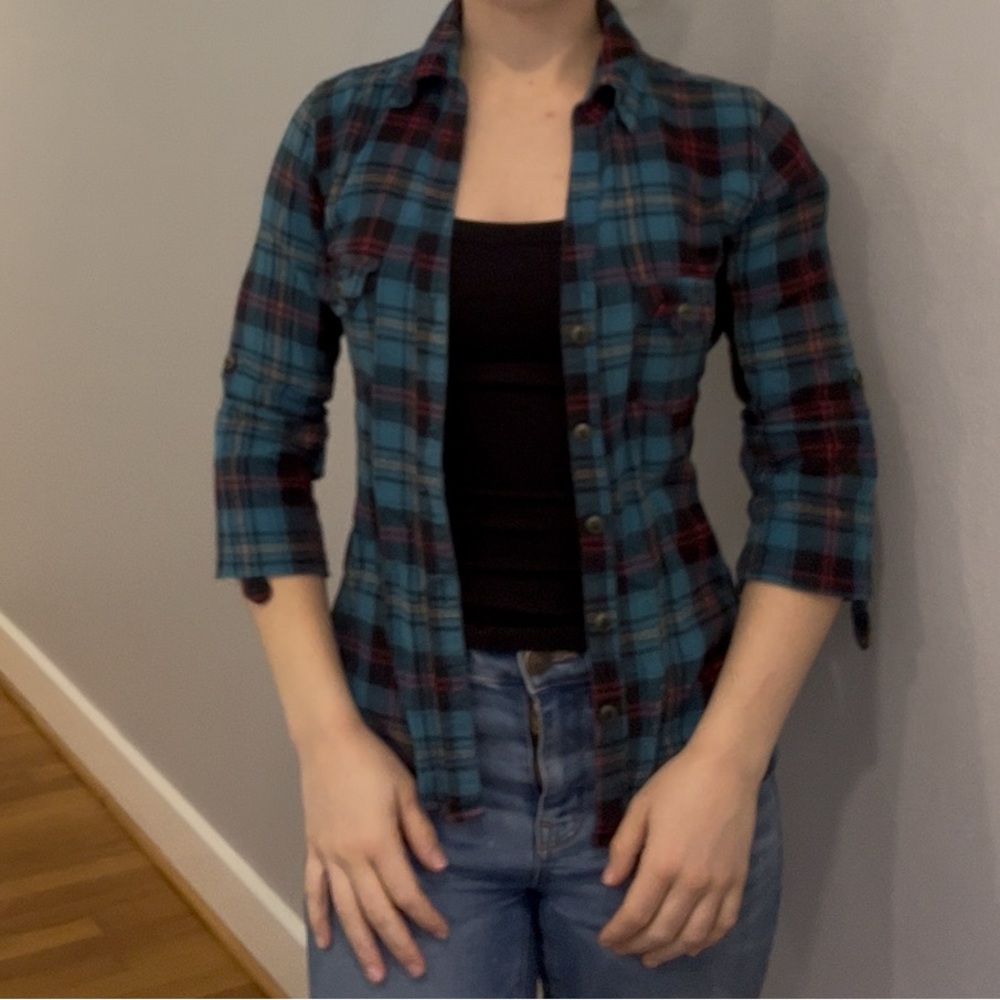 Plaid Flannel Button-Up Shirt with Adjustable Sleeves